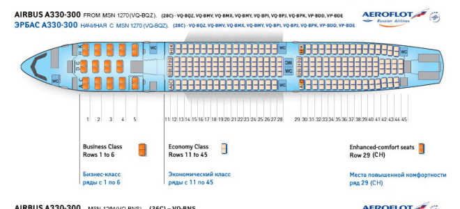 Схема салона воздушного судна Airbus A330-300 Аэрофлот